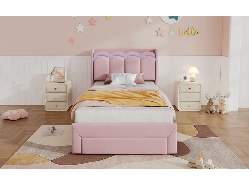  Lit enfant， 90x200 cm ， avec tiroir tête ondulée led ，velours ，rose  - Conforama B