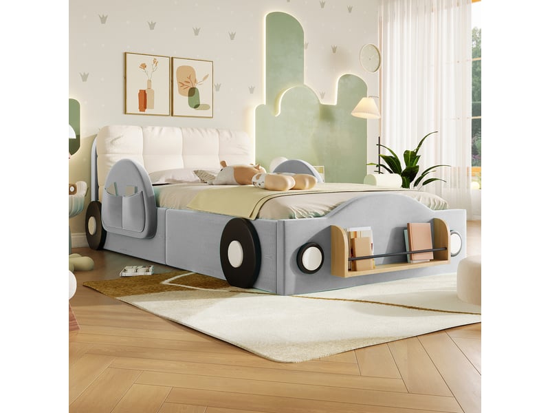  Lit enfant rembourré 90 x 200 cm avec coffre hydraulique, poches et étagère, flanelle, gris CozyNest - Conforama D