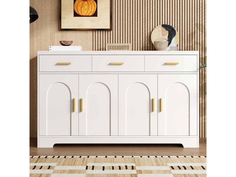 Buffet blanc 140x40x83 cm, meuble de rangement moderne avec 4 portes et 3 tiroirs, idéal pour décoration et petits électroménagers en entrée ou cuisine - Conforama B