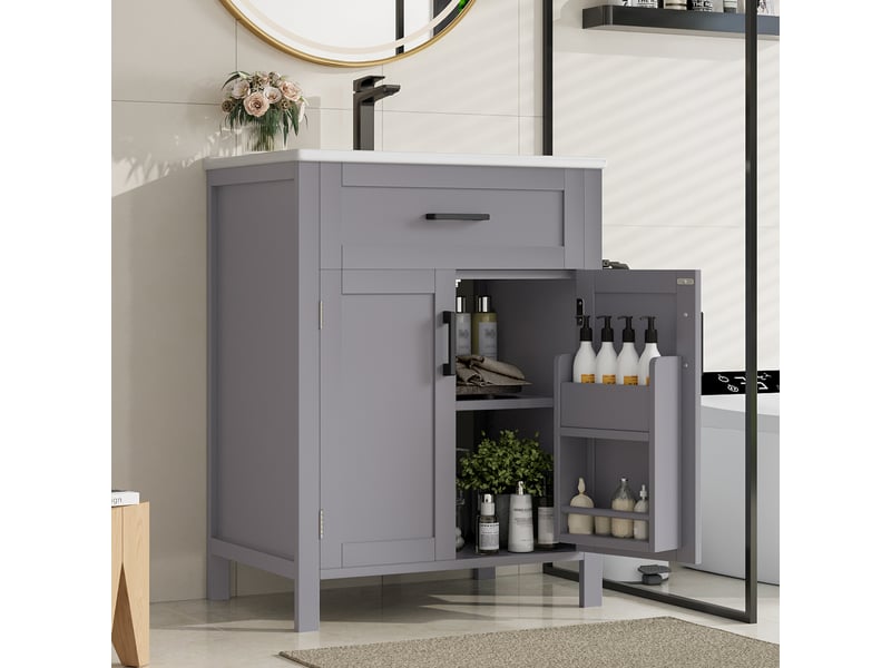  Meuble sous vasque avec 2 portes, 1 tiroir réversible et étagère réglable pour salle de bain, 60×46×84,8 cm  - Conforama B