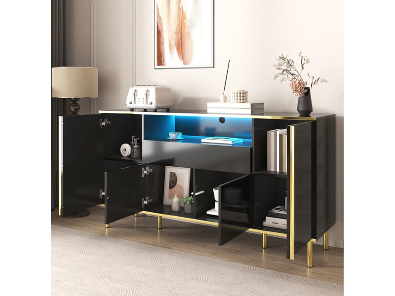 Buffet bas 150x40x80 cm noir brillant en mdf et panneaux de particules, 4 portes, 1 tiroir avec led - Conforama B