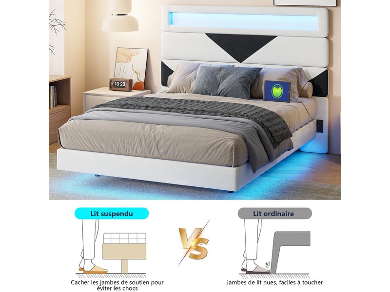  Lit 160x200cm - lit double 160x200 - avec tête de lit modulable géométrique en velours, led rvb, usb et ue - beige  - Conforama D