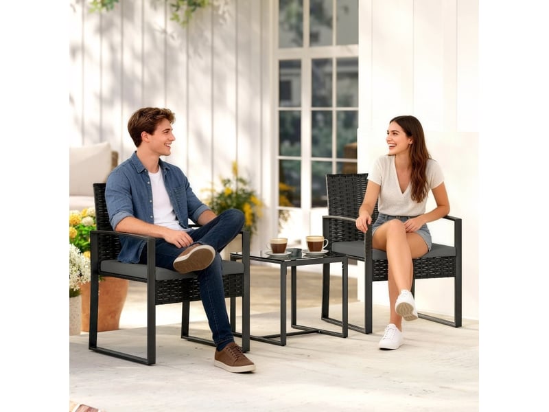 Rattan bistroset, set de 3 pièces pour le jardin, 2 chaises et table basse, kissen démontrables gris foncé  - Conforama C