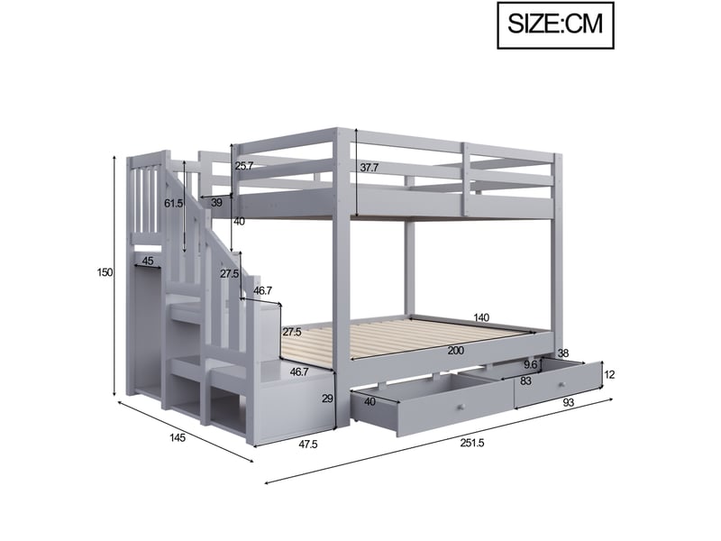  Lit superposé 140x200 cm avec escalier, 2 tiroirs, barrière de sécurité, pour chambre, bois et mdf, gris, sans matelas  - Conforama C