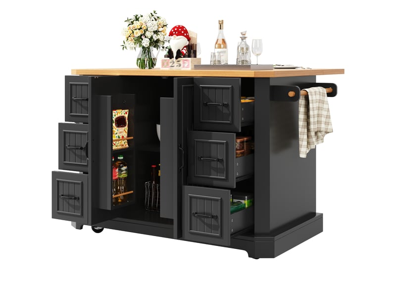  Îlot de cuisine avec 2 portes, 6 tiroirs et 5 roulettes - lpospi - avec freins et rangements - mdf et métal - noir  - Conforama A