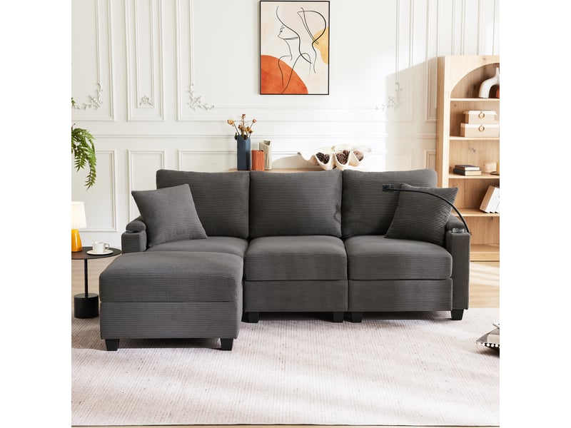  Canapé d'angle réversible 3 places avec pouf - velours côtelé gris foncé - port usb &amp; porte-gobelet  - Conforama W