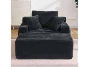 Méridienne 1 place 110x70x150 cm noire en velours côtelé, sans montage, avec poches latérales et coussins