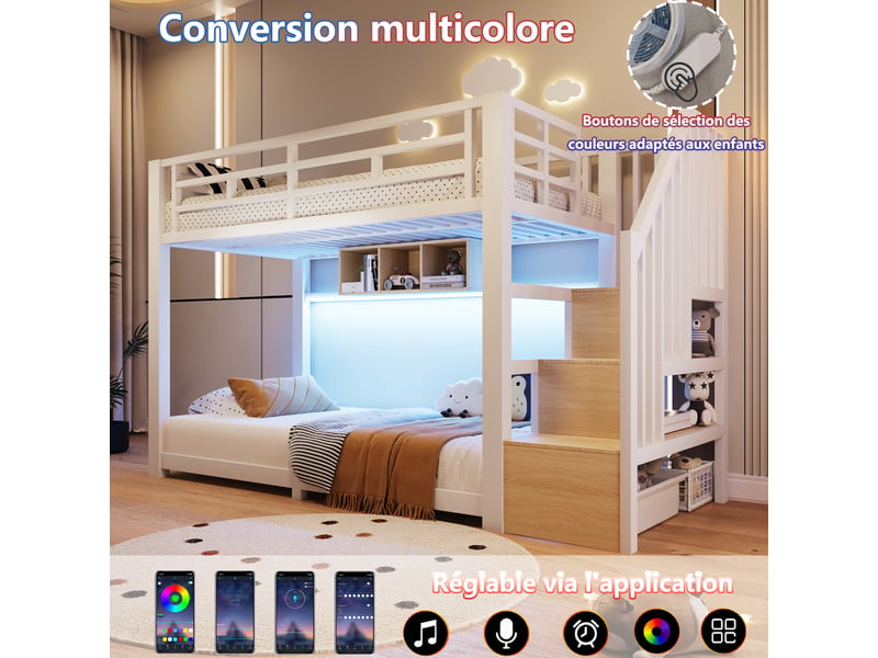  Lit superposé enfant 90x200cm en métal avec led et escalier rangement,lit mezzanine avec barrières,garde-corps,marches,sans matelas,blanc  - Conforama D