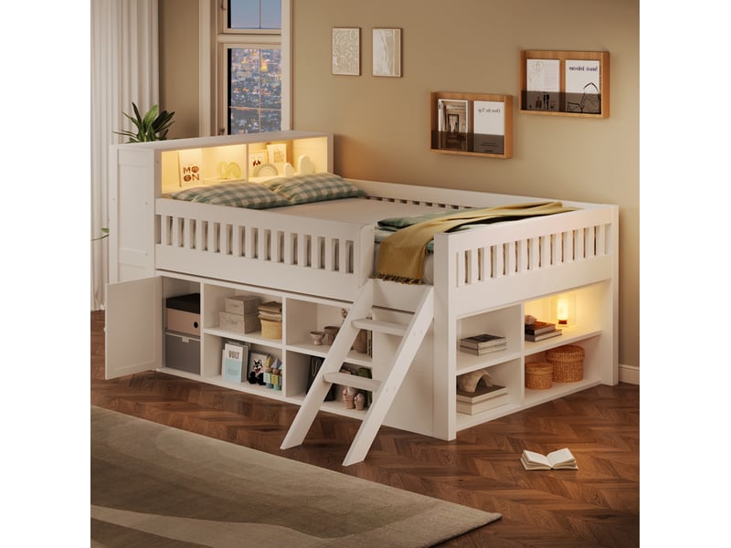  Lit surélevé 140x200 cm blanc avec rangements et éclairage led  - Conforama E