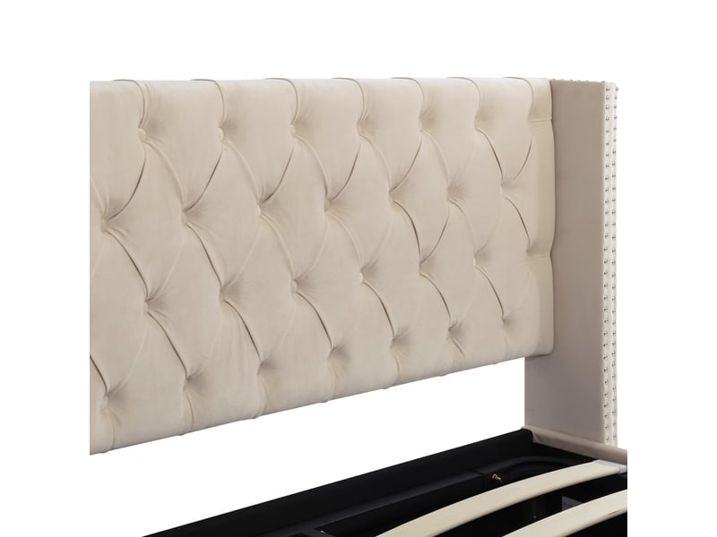  Lit coffre rembourré 140x190 cm avec rangement hydraulique, lit double en velours avec tête de lit à oreilles, capitonnage et doubles clous, beige OPULERANE TRADING LTD - Conforama E