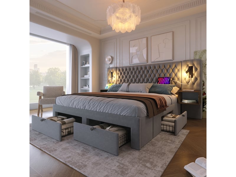 Lit double 160x200 cm, 4 tiroirs, 2 chevets, liseuses et usb, velours gris - Conforama B