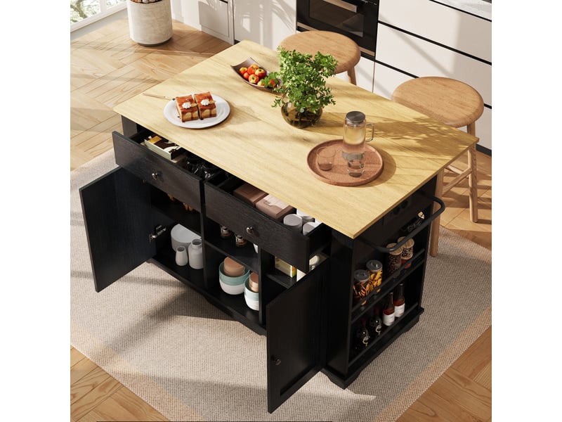  Îlot de cuisine noir et bois avec prises électriques, chariot de cuisine pliable avec rangement, 151.5x84.7x91.7 cm  - Conforama E