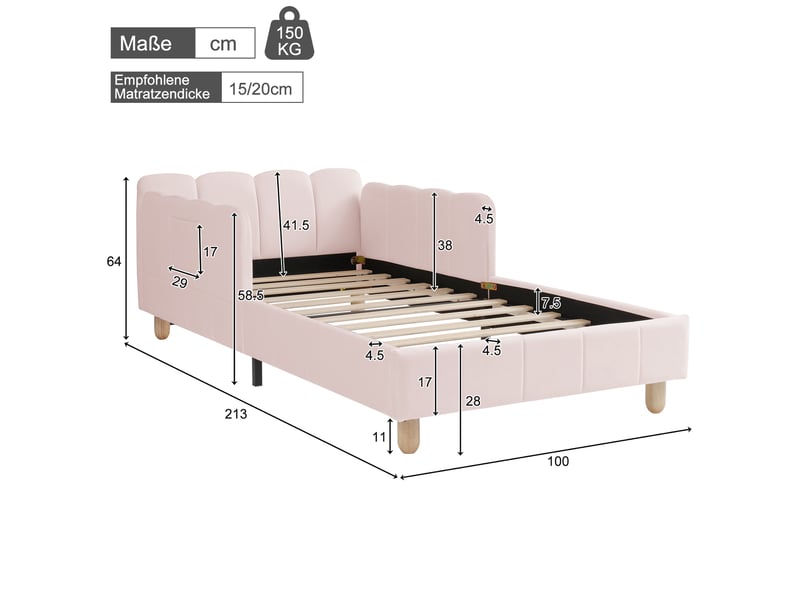 Lit enfant 90 × 200 cm avec barrières, tête de lit rembourrée et poches de rangement, sans matelas, rose - Conforama E