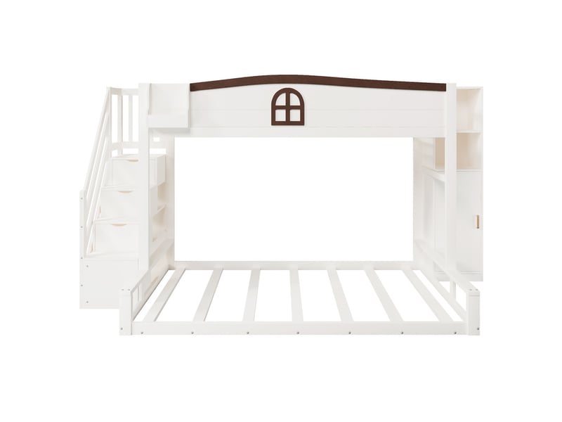  Lit mezzanine 90×200+140×200 cm avec étagère-escalier, armoire, espace de rangement et fenêtre décorative, blanc  - Conforama A