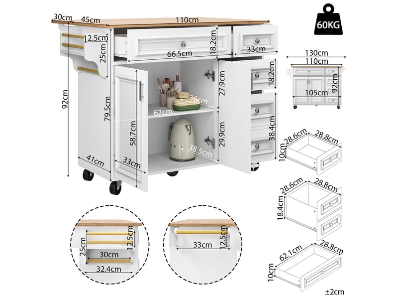  Ilot cuisine, buffet de cuisine avec rangements intégrés, plateau extensible, dimensions 110 x 45 à 75 x 92 cm, mdf, blanc  - Conforama C