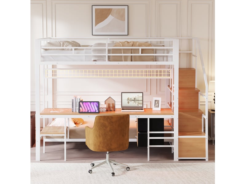 Lit mezzanine multifonctionnel 140 x 200 cm avec couchage 90 x 200 cm, bureau led blanc  - Conforama D