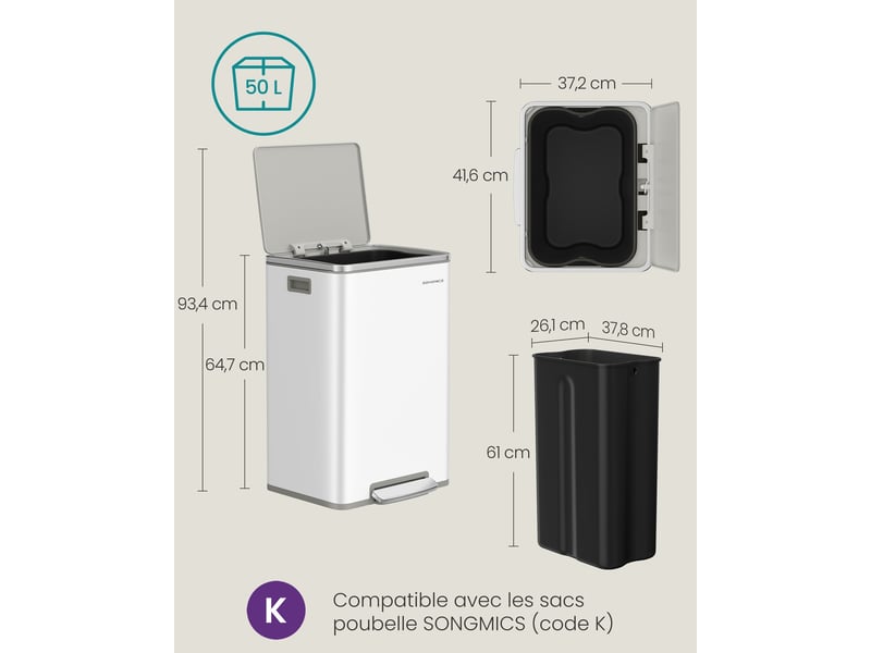  Poubelle de cuisine 50 l avec seau intérieur amovible ergonomique 41,6 x 37,2 x 64,7 cm en acier noir 12_0012736  - Conforama B