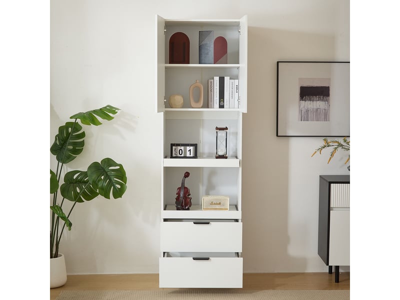  Buffet de cuisine - 59.5x45x200 cm - meuble de rangement haute avec portes, tiroirs, tablettes et anti-basculement - blanc  - Conforama C