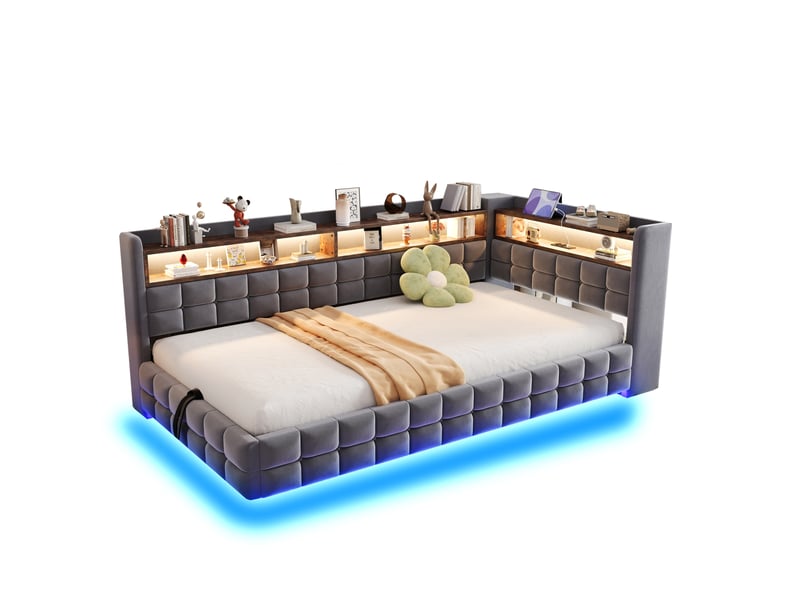  Lit banquette enfant 90x200 cm, lit avec rangement, éclairage led, gain de place, prises usb, finition velours gris foncé, sans matelas  - Conforama E