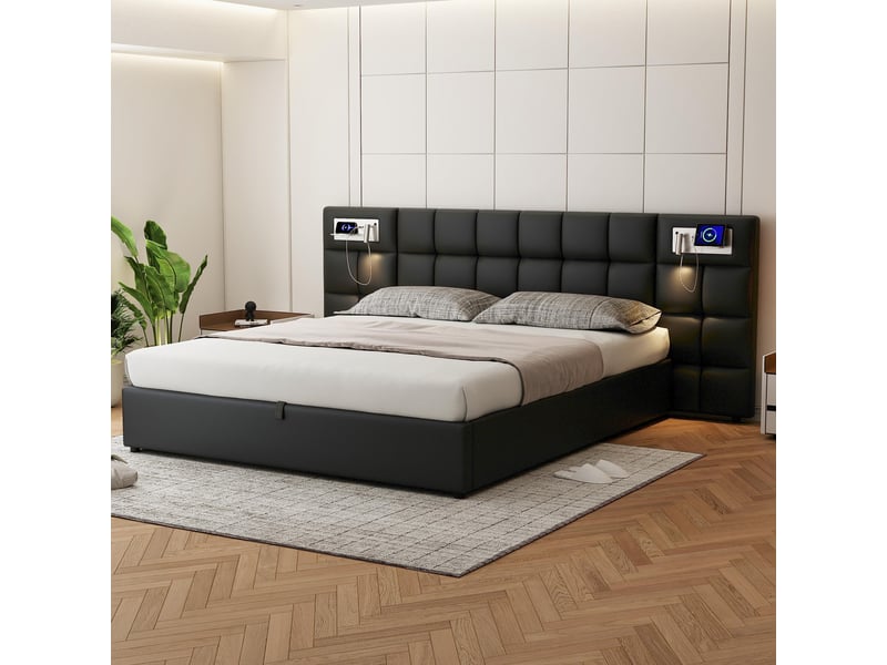  Lit coffre 180x200 cm simili cuir noir avec usb, charge sans fil, lampe et sommier  - Conforama B