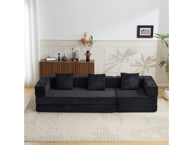  Canapé de sol convertible en lit, coussins, accoudoirs, velours côtelé noir  - Conforama B