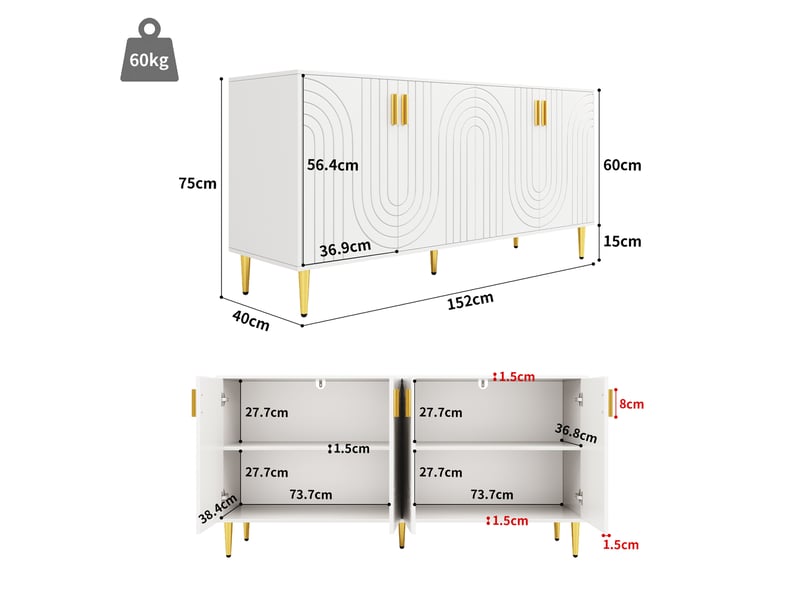  Buffet bas 152x40x75 cm blanc en mdf, 4 portes avec poignées dorées et façade au design ondulé  - Conforama C
