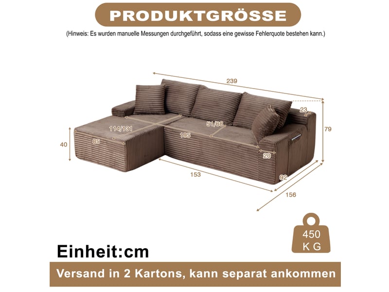  Canapé d’angle modulable gauche compressé 4 places en mousse et velours côtelé couleur marron, style moderne  - Conforama C