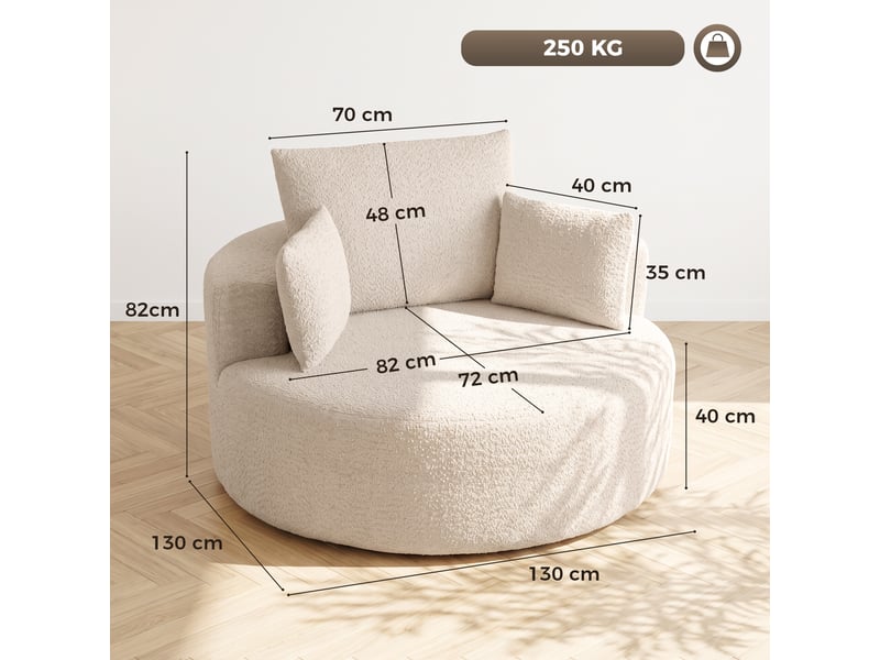  Pouf canapé rond en chenille, grande assise, 2 coussins, 1 dossier, 1 traversin, 130x130x82cm, charge 250kg, crème  - Conforama C