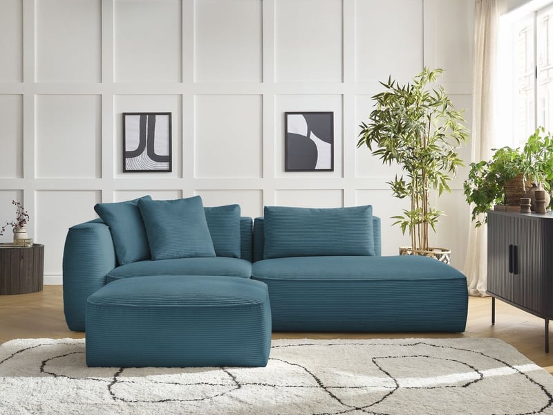 Bobochic canapé droit fixe 3 places leopold velours côtelé avec pouf bleu clair accoudoir gauche LEOPOLD - Conforama C