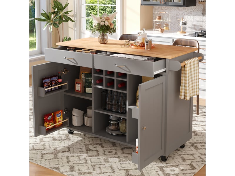  Îlot de cuisine gris desserte à roulettes buffet avec rangement plateau mdf effet bois 102x45x92cm  - Conforama C