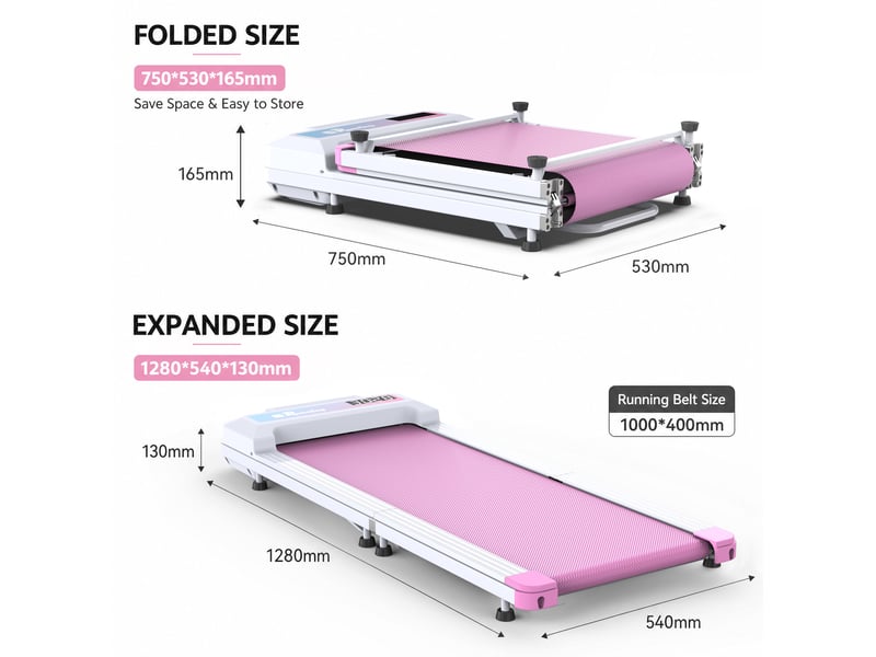  Tapis de course pliable 128 x 54 x 13 cm rose en fer et plastique, marche et jogging sous bureau  - Conforama C
