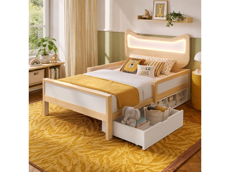  Lit enfant 90 × 200 cm, blanc et décor chêne, blanc et chêne, tête de chat et led IKSETERA TRADING LTD - Conforama B