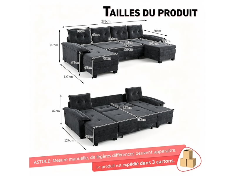  Canapé panoramique en u convertible 278 cm en tissu chenille gris, lit gigogne, port... IKSETERA TRADING LTD - Conforama C