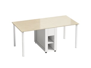 Table à manger pliante pour 6 personnes 39-168 cm, blanc, table de cuisine avec 2 tiroirs et 4 étagères ouvertes