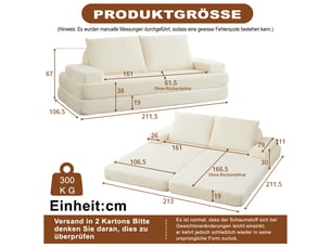 Canapé modulable 211 cm en velours côtelé beige, convertible en lit, 2 dossiers triangulaires, 2 coussins, configuration libre