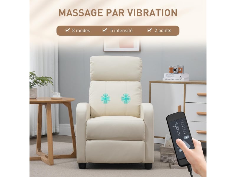  Fauteuil de relaxation massant inclinable en synthétique pu crème 68x88x98 cm  - Conforama D