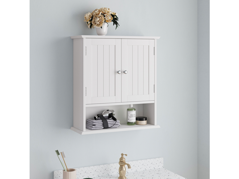  Armoire murale de salle de bains blanche avec 2 portes, étagères réglables et niche ouverte  - Conforama B