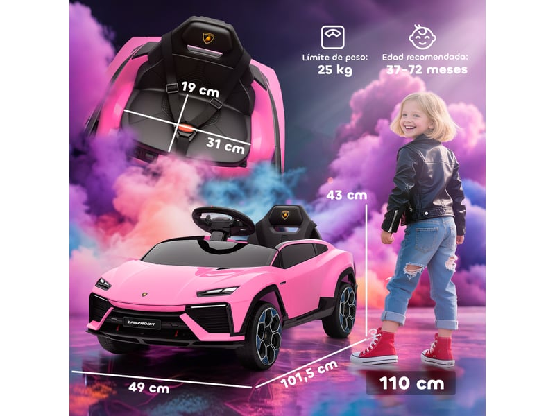 Voiture électrique lamborghini sous licence pour enfants de 3 ans et plus, batterie 12 v, télécommande 2,4 ghz, double moteur, rose - Conforama E