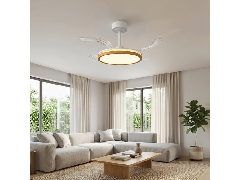  Ventilateur de plafond avec éclairage led, moteur cc 80 w, télécommande réversible, 6 vitesses, minuterie, ø 95 cm, couleur naturelle  - Conforama C