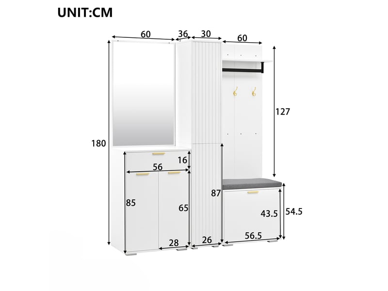 Vestiaire d’entrée 150x36x180 cm – blanc – miroir, penderie, banc et meuble à chaussures basculant  - Conforama C