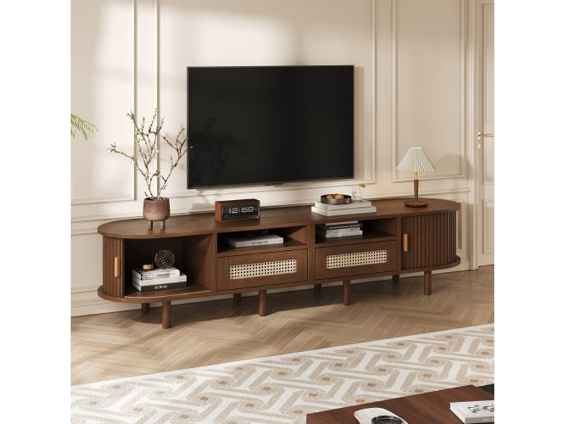  Meuble tv chêne foncé 170x40x40 cm ovale avec 2 tiroirs en rotin, 2 portes coulissantes et 8 pieds  - Conforama E