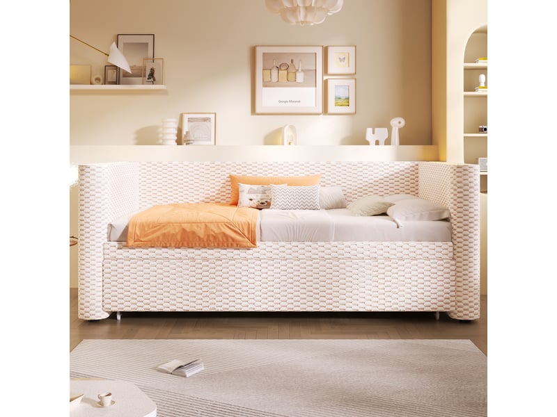 Lit de jour extensible 90 × 200 cm 180 × 200 cm avec sommier, sans matelas, led, velours beige  - Conforama D