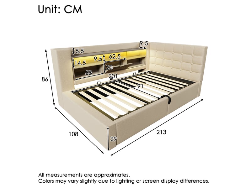 Lit coffre adulte 90x200 cm – beige – led, ports usb, tête de lit réversible et matelas h3 20 cm inclus - Conforama C