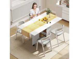 Table pliante de cuisine salle à manger amovible sur roulettes 75l x 140l x 74h cm 2 étagères intégrées en bois coloris blanc
