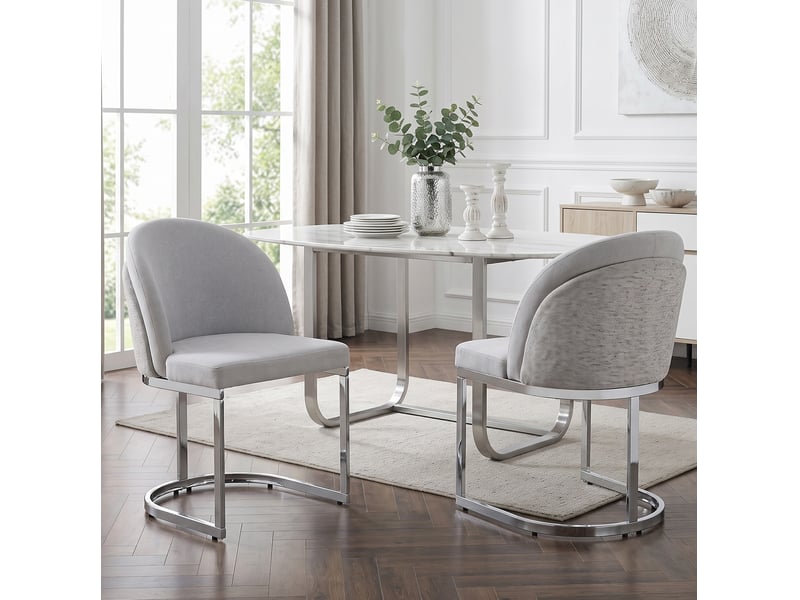 Lot de 6 chaises de salle à manger en tissu gris clair, pieds métal chromé, style design moderne élégant - Conforama E