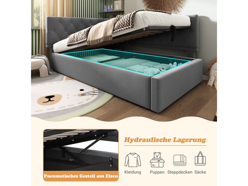  Lit banquette 90x200 lit coffre hydraulique canapé lit velours gris avec sommier  - Conforama E