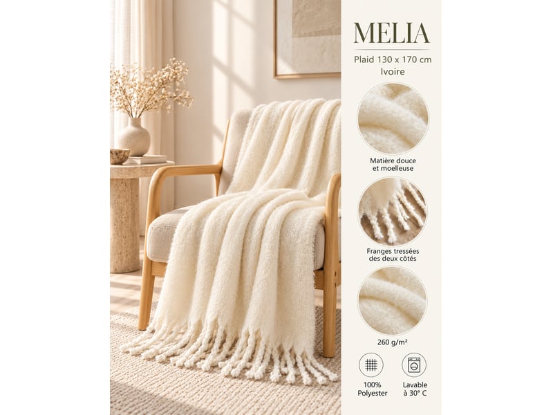  Plaid melia ivoire 130 x 170 cm tricot uni franges tressées 15698 - Conforama B