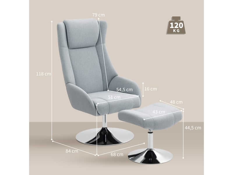  Fauteuil relax pivotant avec repose-pieds, dossier inclinable et tête rembourrée pour salon, en métal gris  - Conforama D