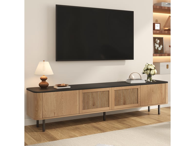  Meuble tv bas 190x35x45cm portes ajourées rangement | design moderne effet chêne et noir métal | portes grille charge 60kg - chêne et noir  - Conforama C