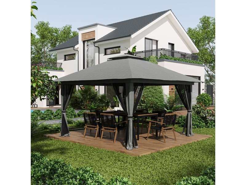  Pavillon pliant de jardin - 4x4 m - gris foncé - protection uv50+ - parois en filet - toit double 392x392x283cm - Conforama B